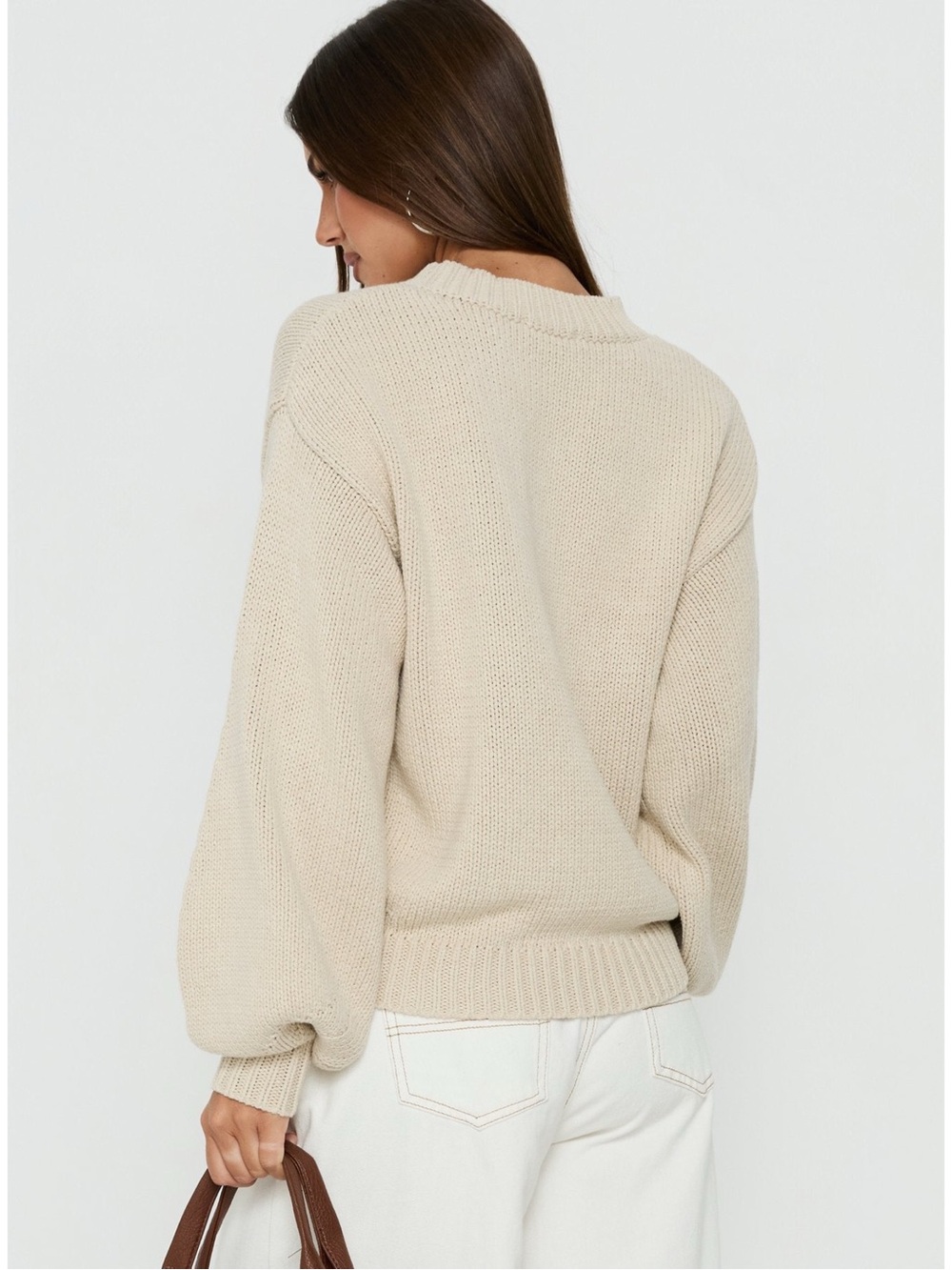 Sz L/XL Princess Polly Harmony Balloon Sleeve Knit Crewneck Sweater In Beige NWT - Picture 8 of 8